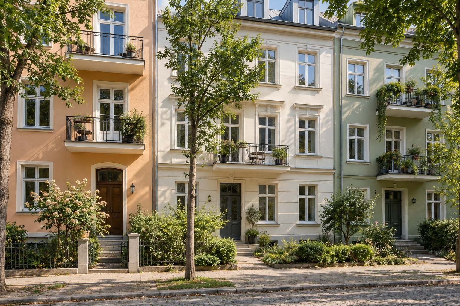 Mehrgeschossiges Wohn- und Stadthaus mit vielen Fenstern und Einheiten