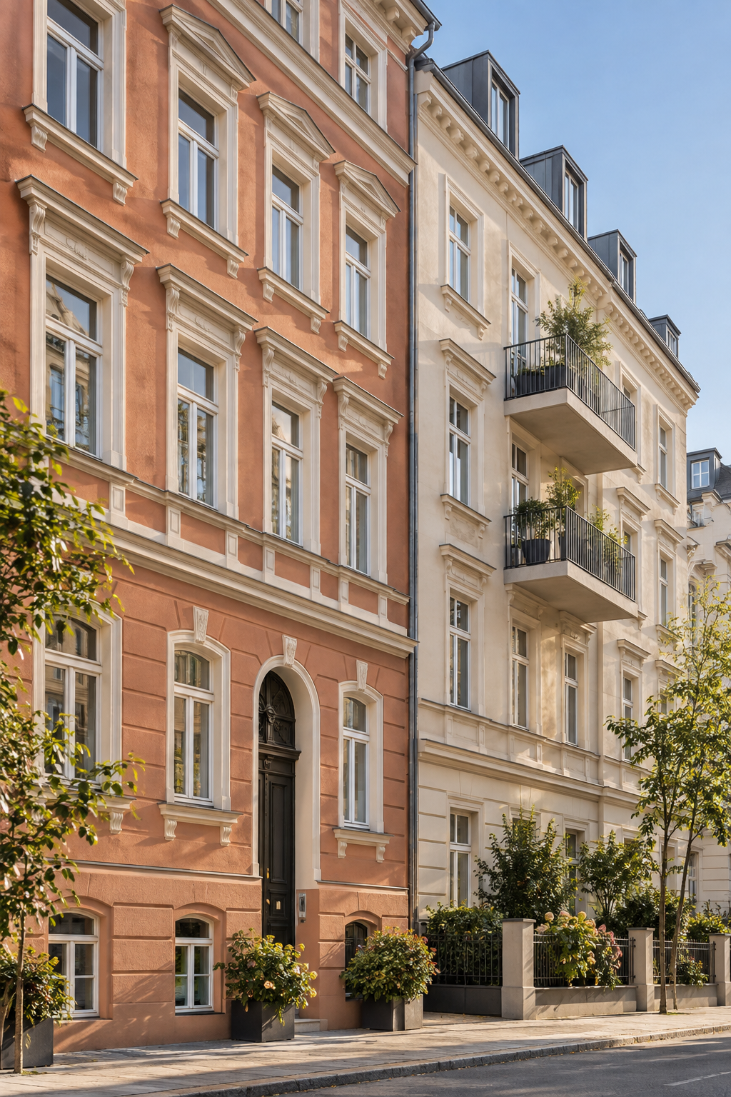 Gegliederte Wohnhausfassade mit mehreren Fenstern, Balkonen und Einheiten